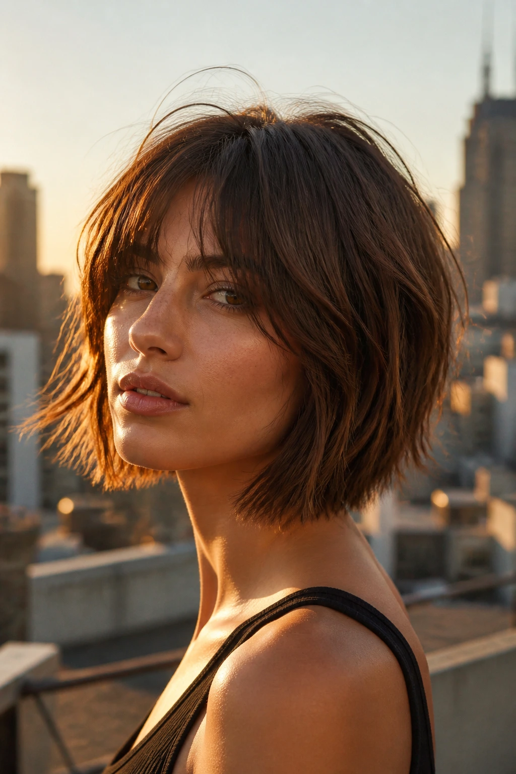 Real woman with cinnamon textured bob and choppy ends