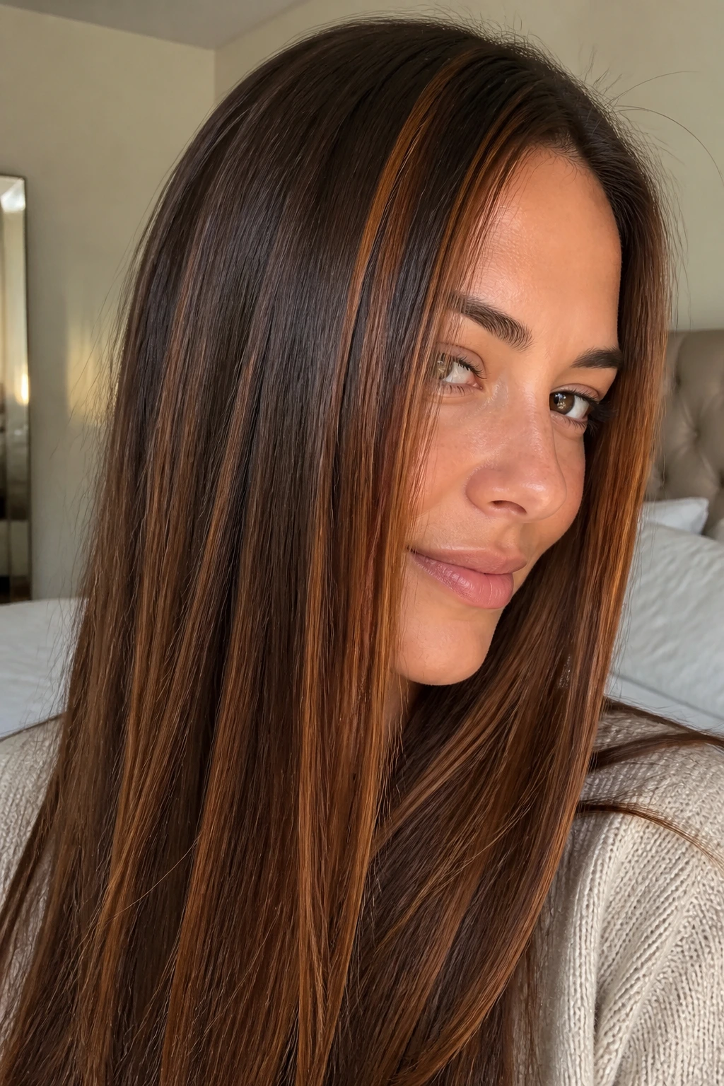 Close-up of a real woman's straight hair with cinnamon thread highlights lit by warm window light