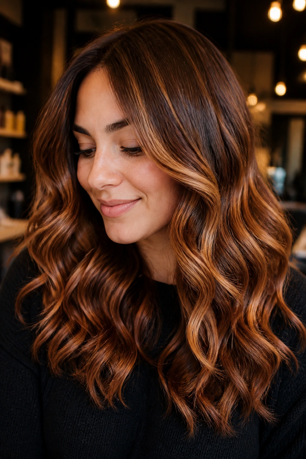 Warm cinnamon-copper balayage with brighter front pieces on a real person.