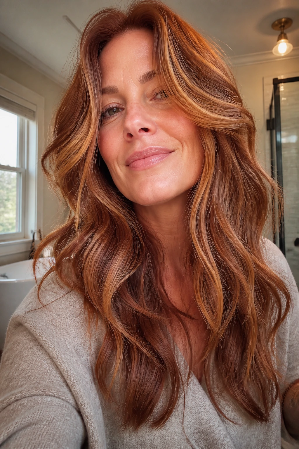 Real person with cinnamon-toned layered waves.
