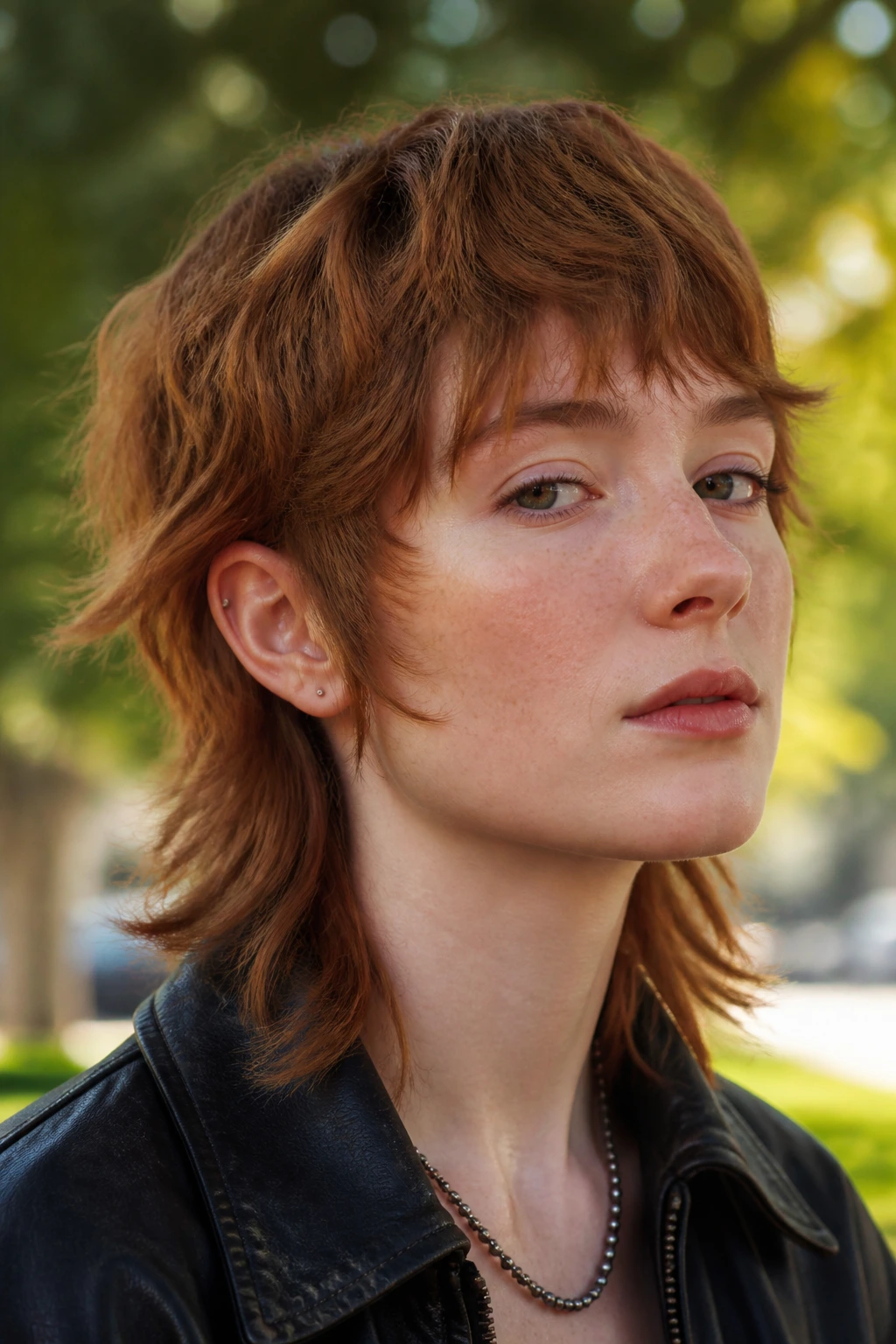 Real person with cinnamon auburn wolf cut mullet in a park setting.