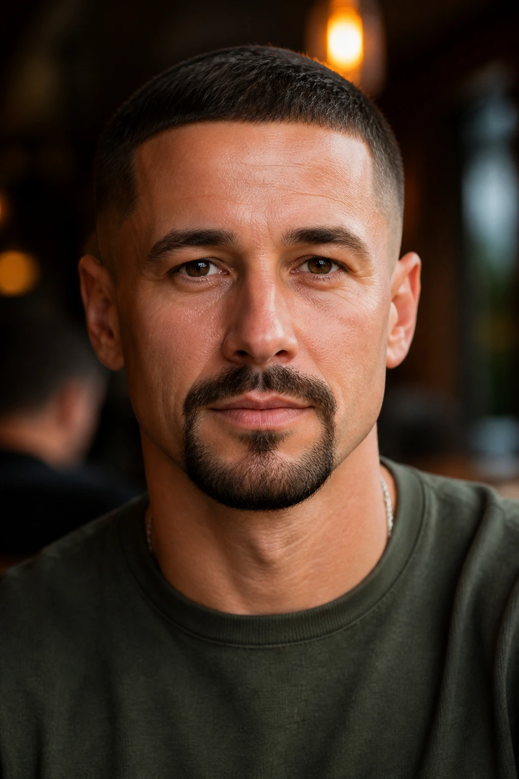 Close-up of a man with a circle beard forming a neat rounded loop.