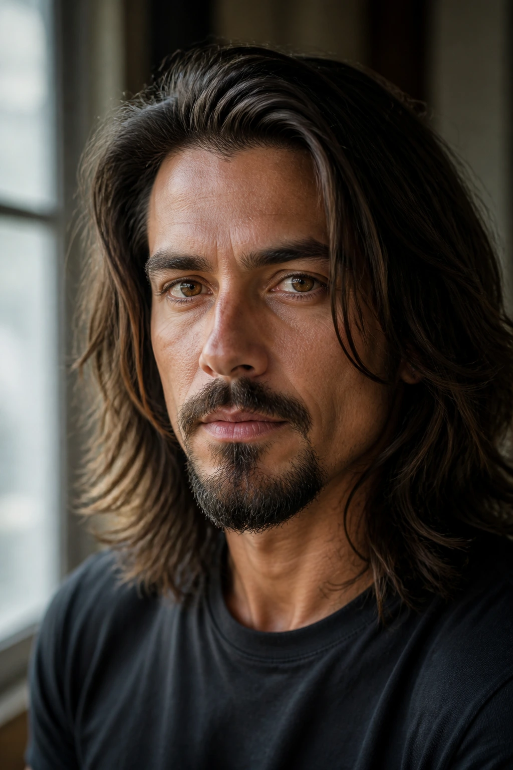 Close-up of a man with circle beard and long layered hair in a softly lit indoor setting