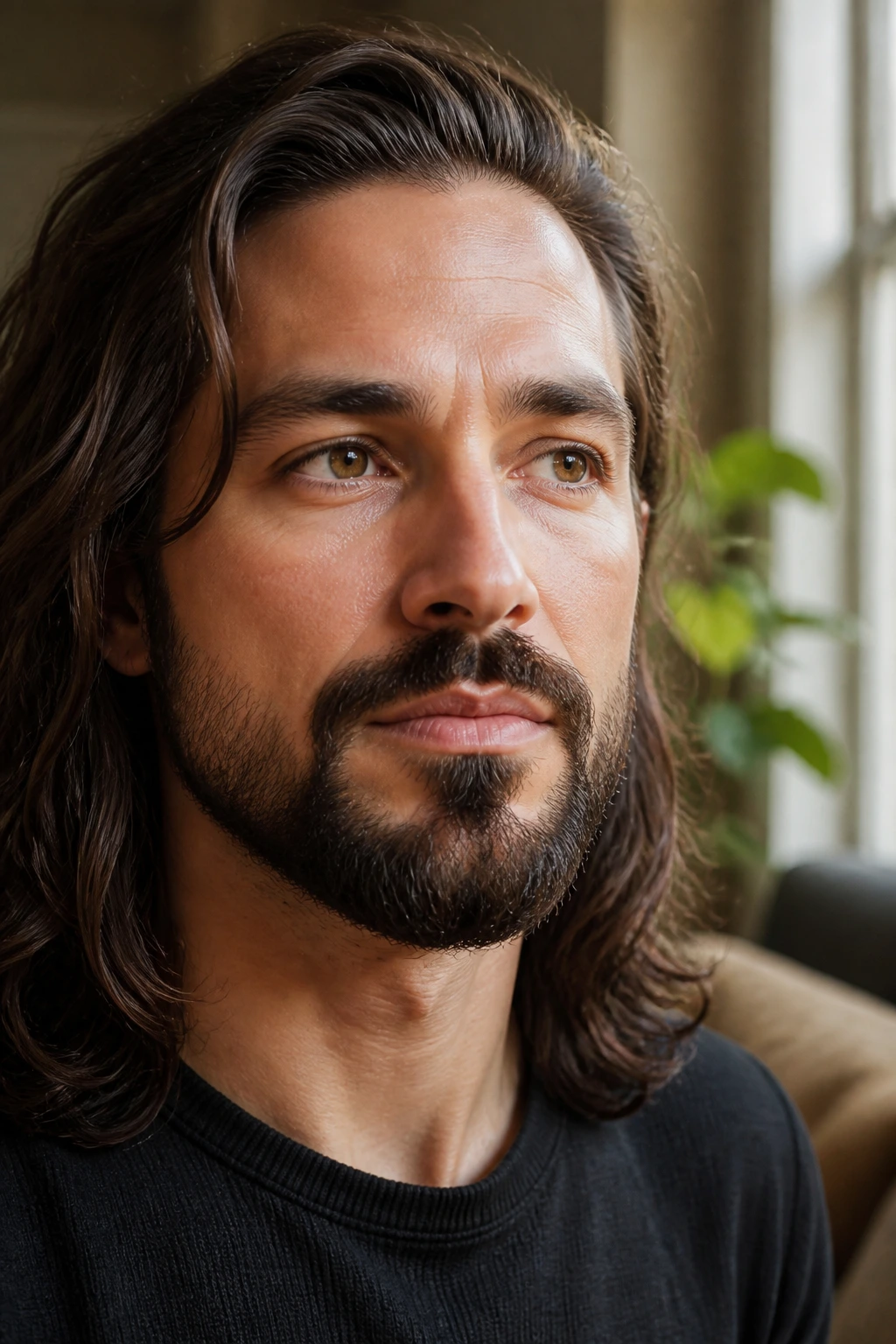 Close-up of a real man with a circle beard framed around the mouth, long hair softly blurred in the background.