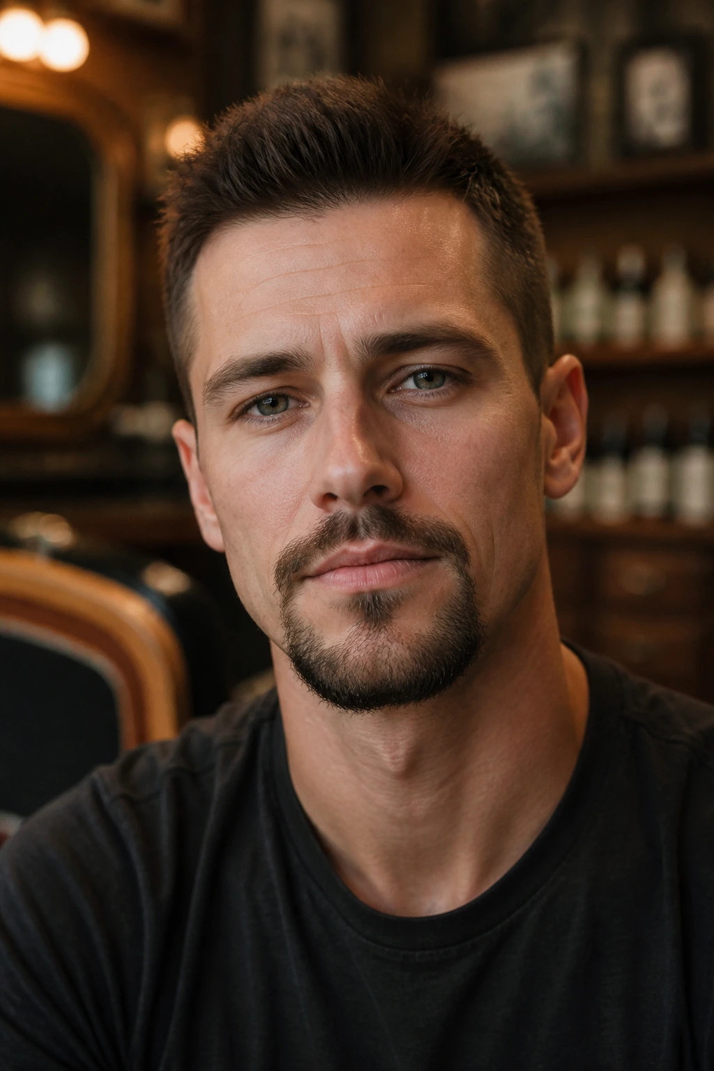 Close-up portrait of a real man with a circle beard in a warm barber shop