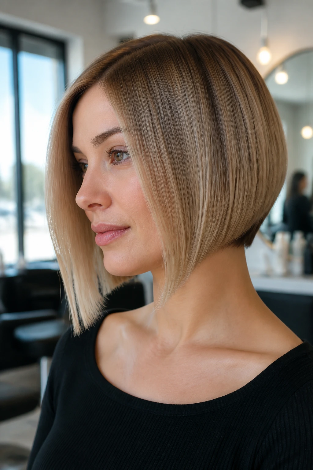 Portrait of a real person with classic A-line angled bob showing a crisp diagonal from nape to jaw