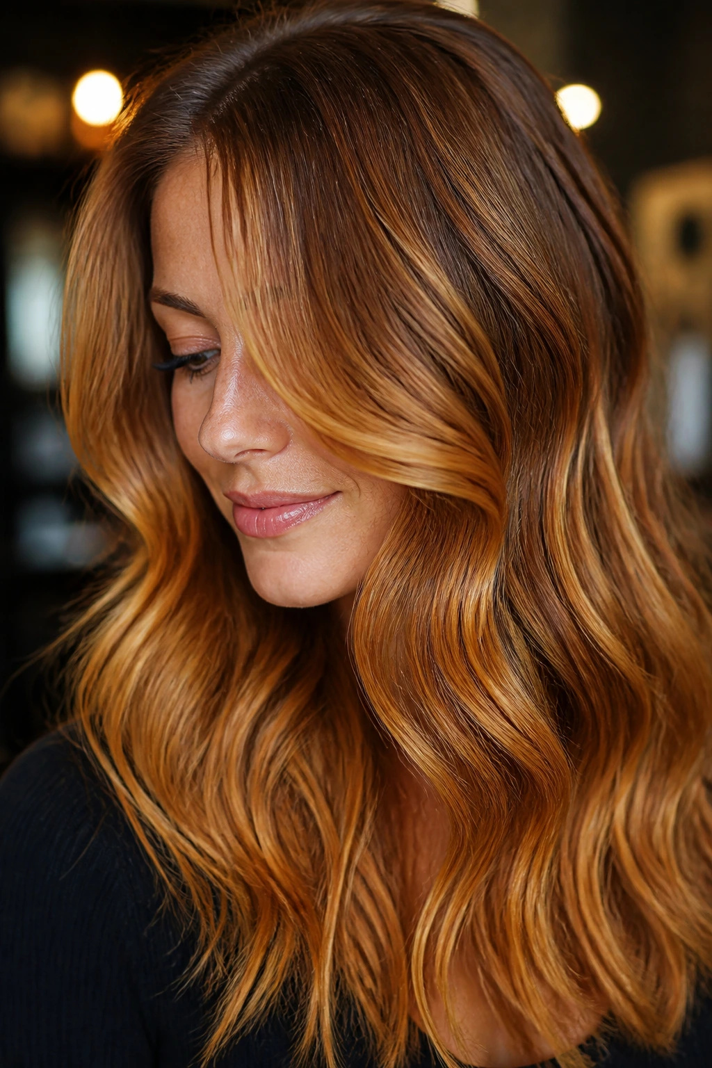 Close-up of classic amber melt hair with golden-brown roots fading to honey-copper