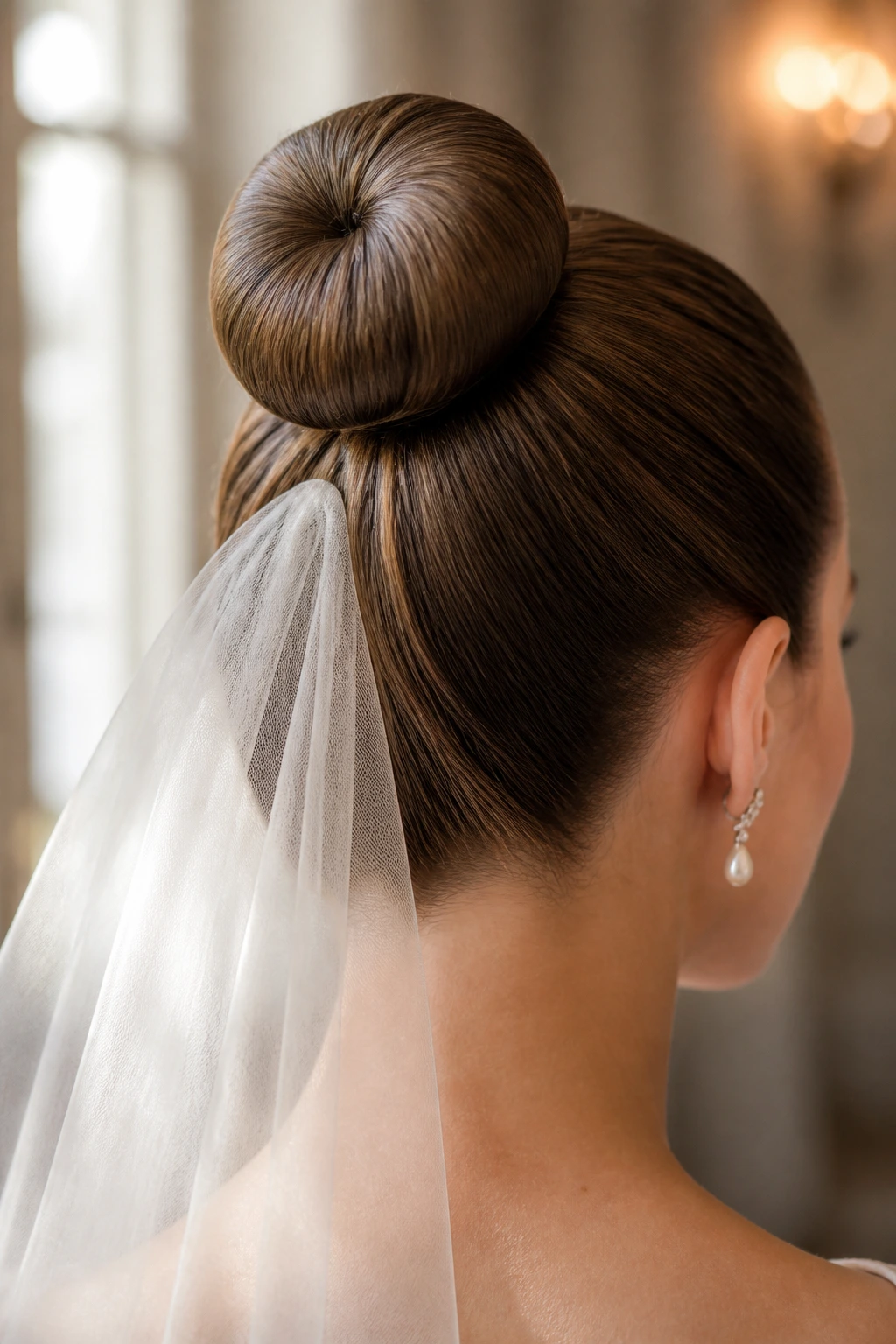Close-up of a real bride's classic ballet bun high on the head