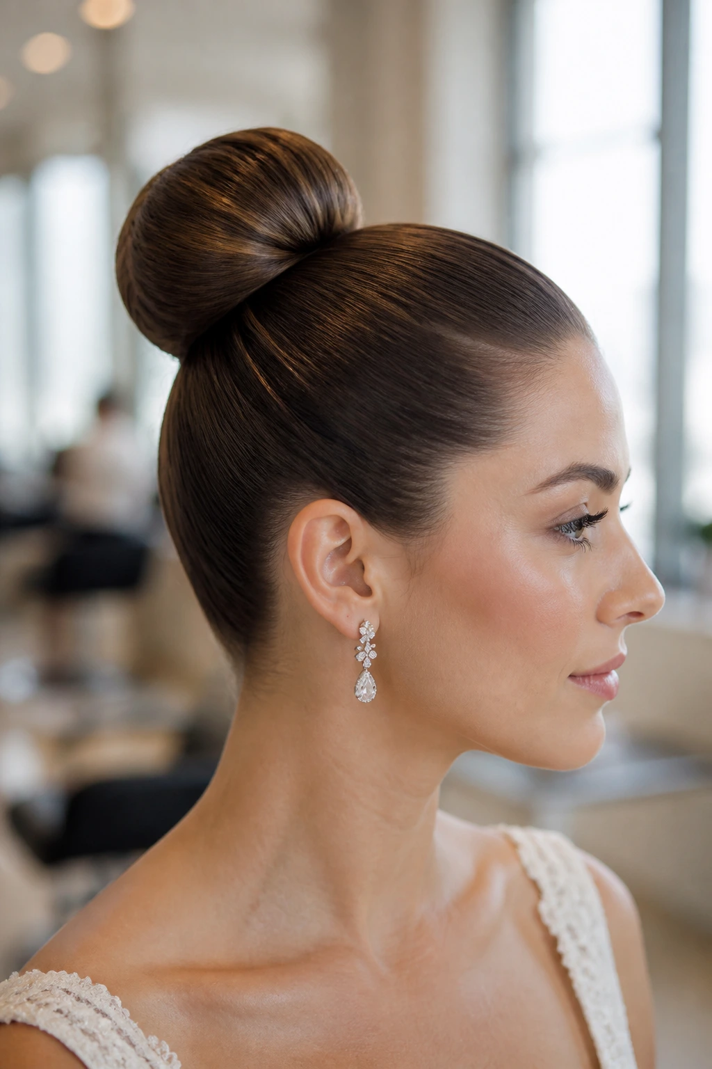 Close-up of classic ballet bun on real bride in salon lighting