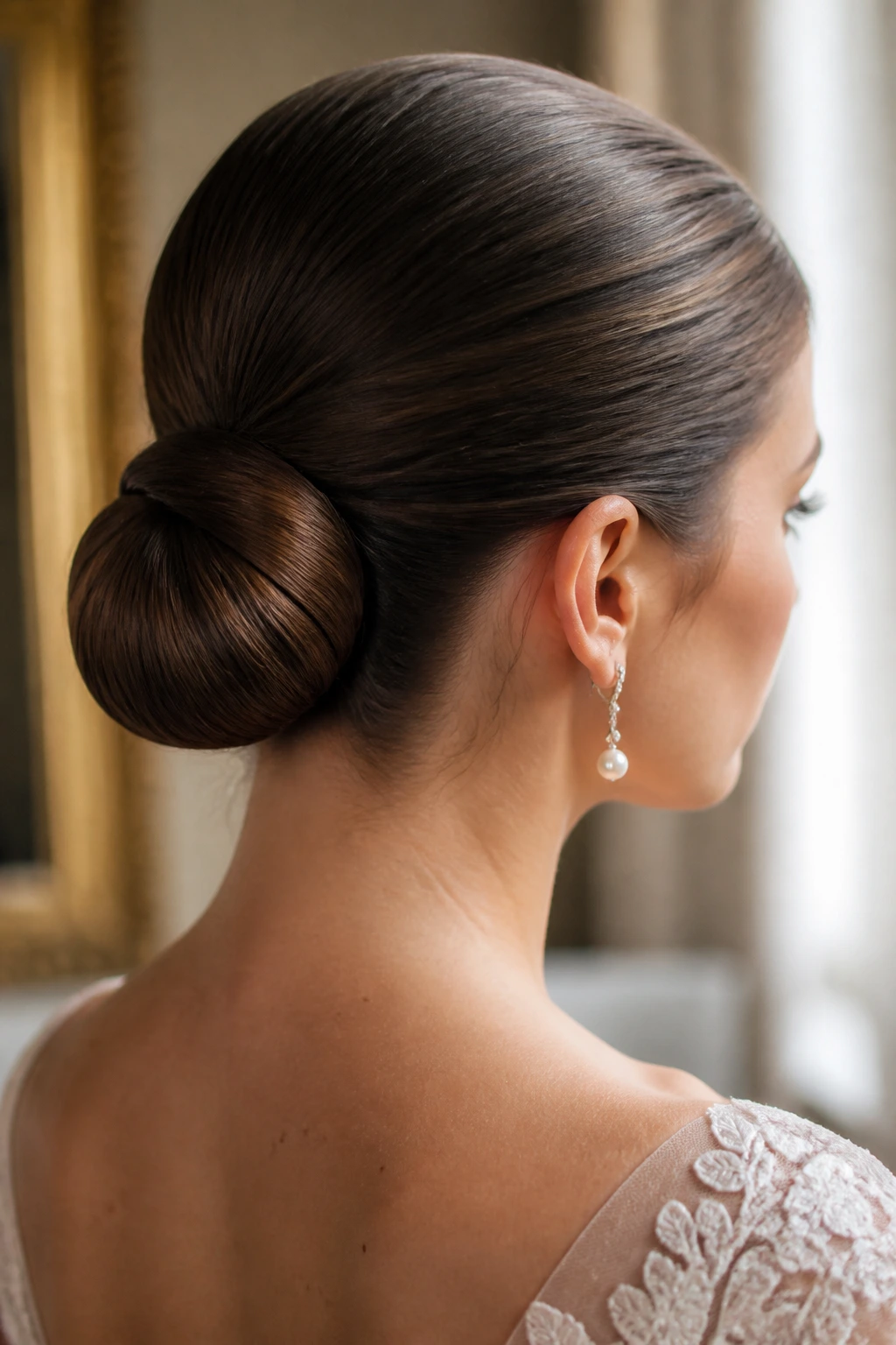 Close-up of classic ballet chignon at the nape on a real bride