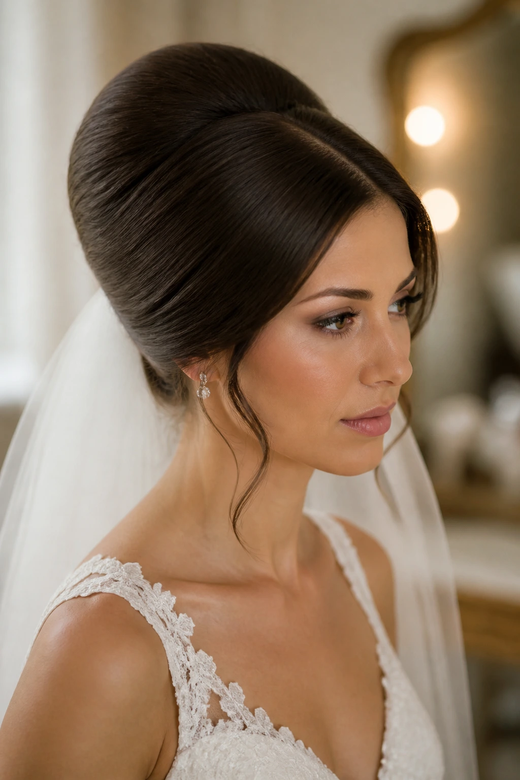 Close-up of a real bride wearing a classic beehive hairstyle