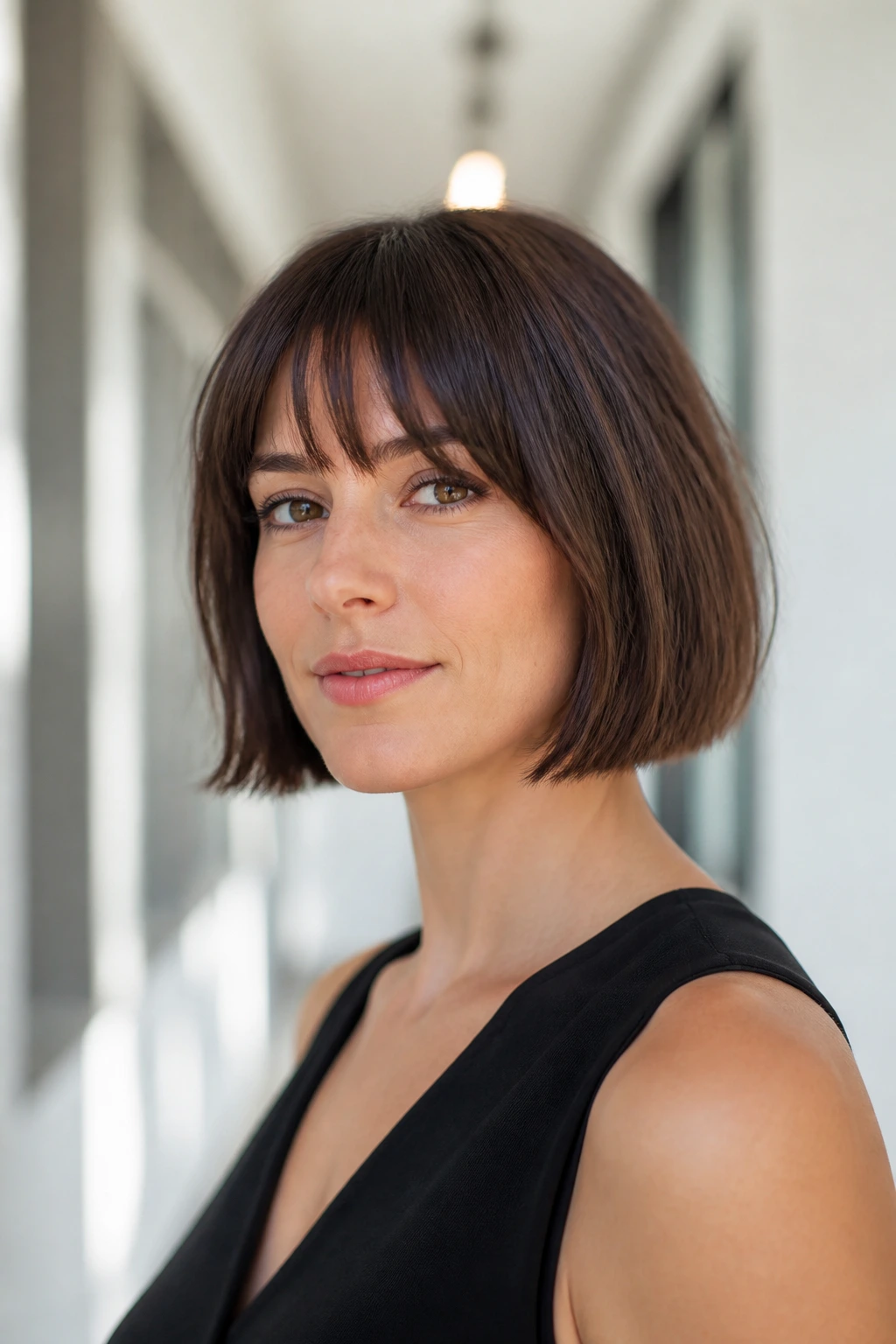 Head-and-shoulders portrait of a real person wearing a classic bob with eyebrow-grazing fringe