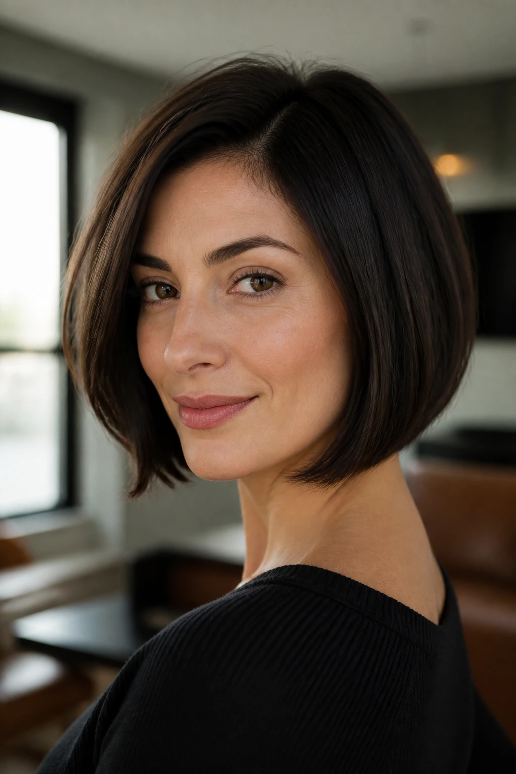 Portrait of a real woman with a classic bob highlighting jaw-framing shape