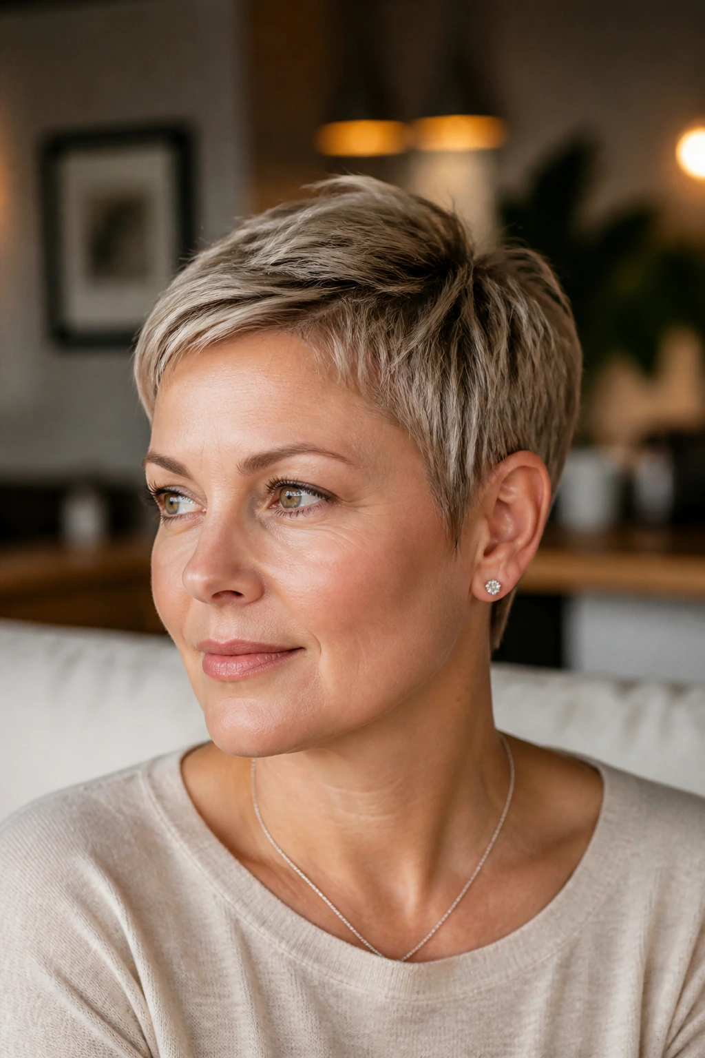 Close-cropped pixie haircut with crown lift on a real woman
