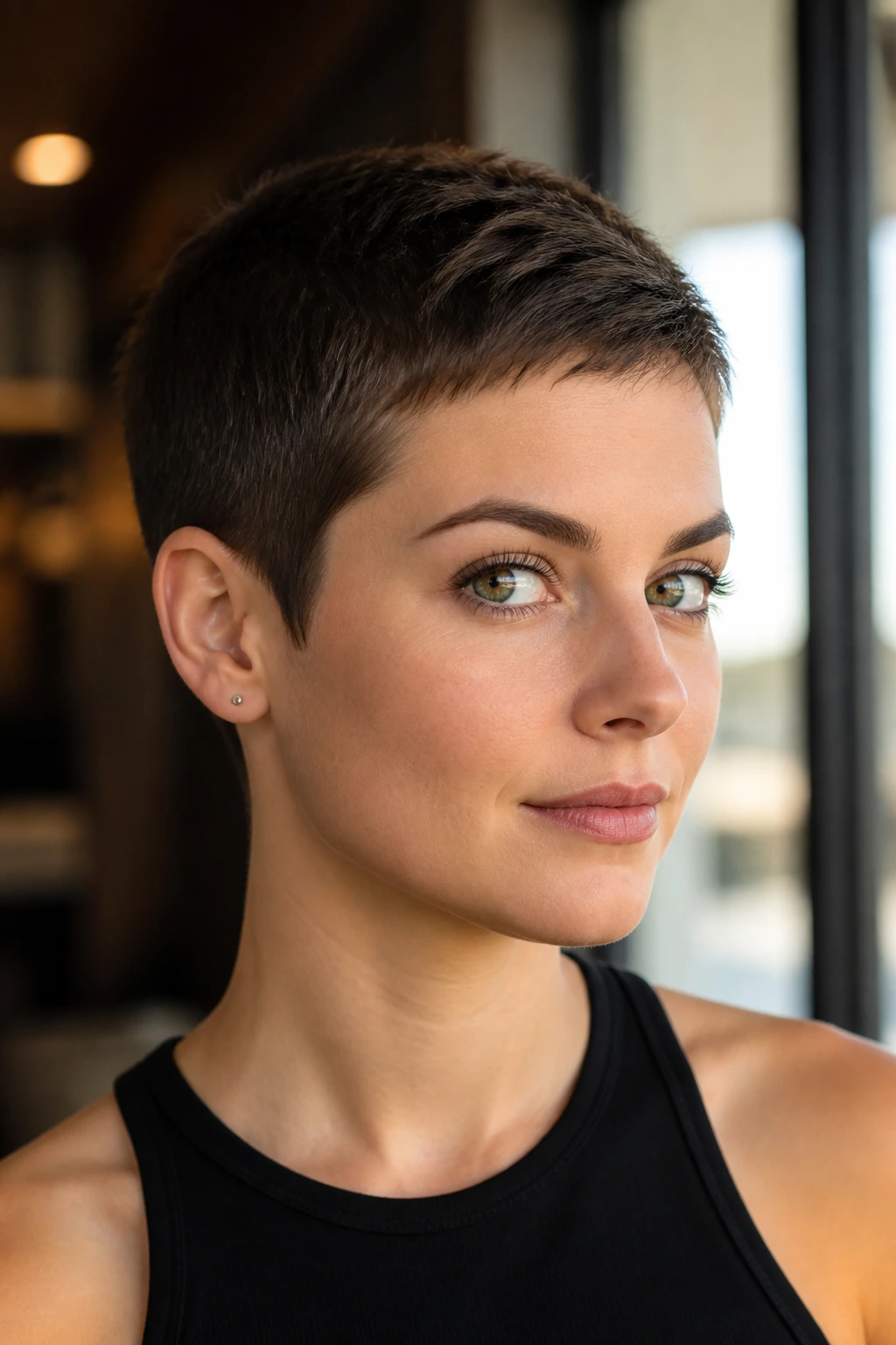 Close-up portrait of a real person with classic close pixie showing neat, tapered edges