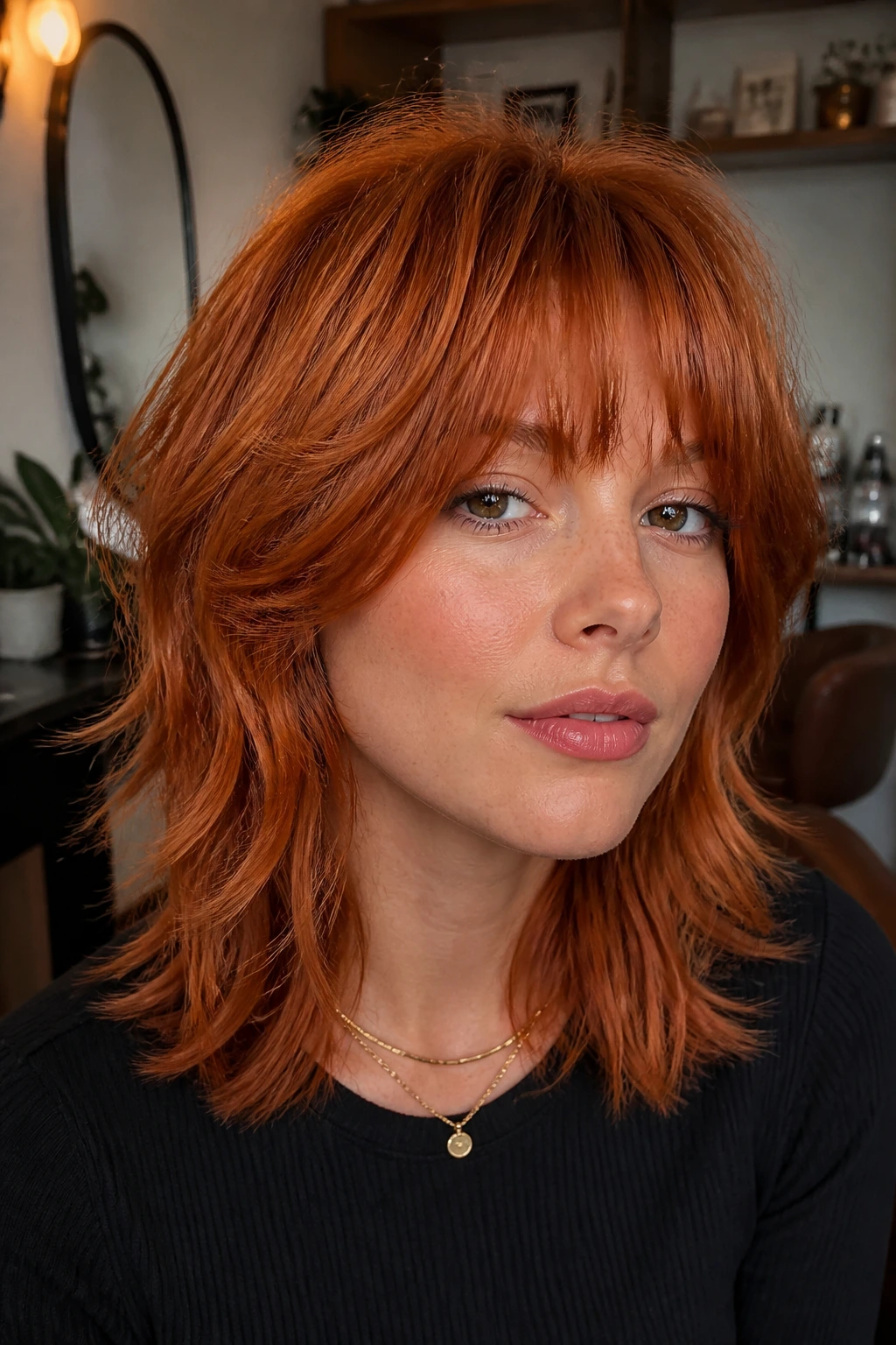 Close-up of a real person with copper shag showing feathered layers and fringe