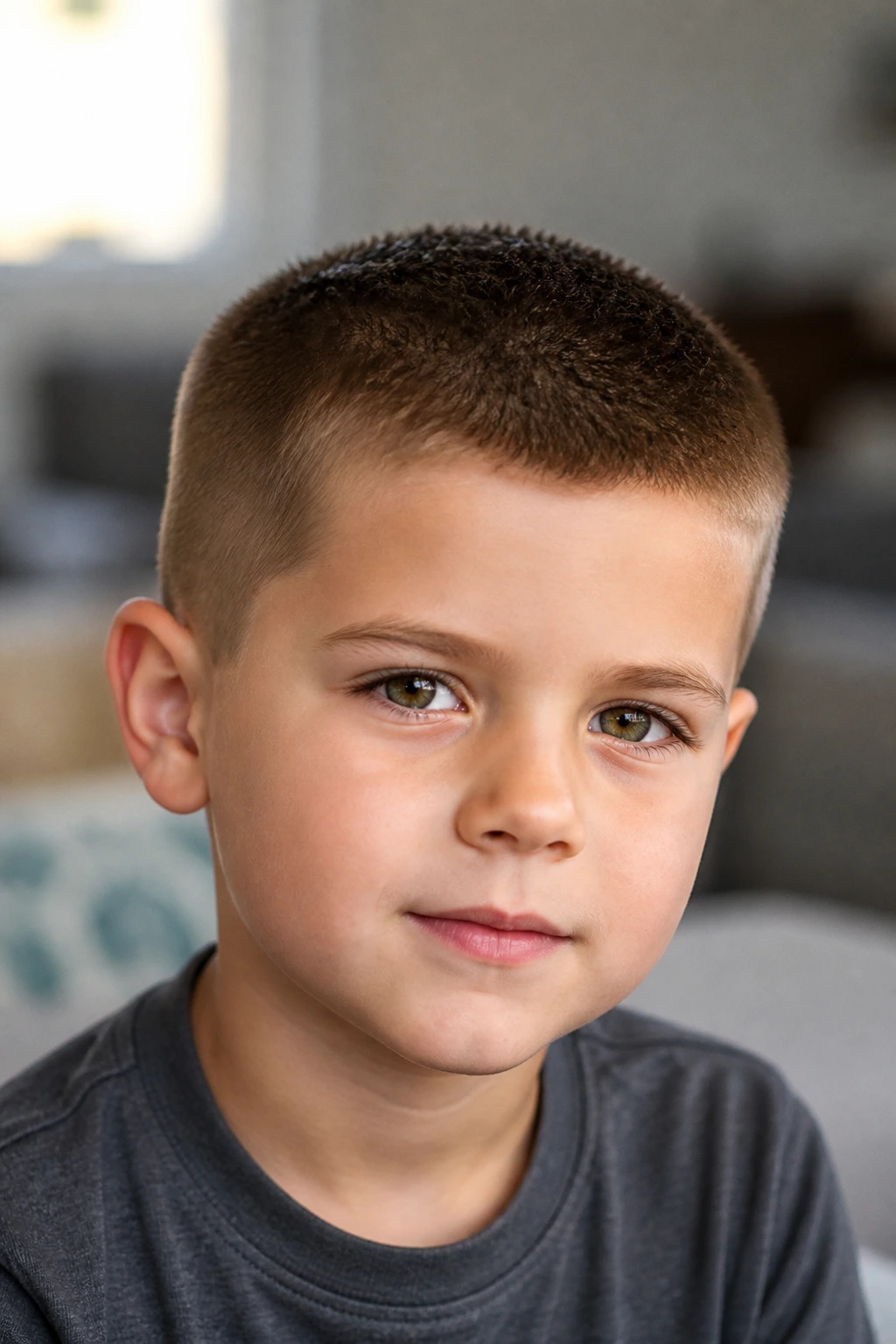Close-up of a real boy with a classic crew cut.