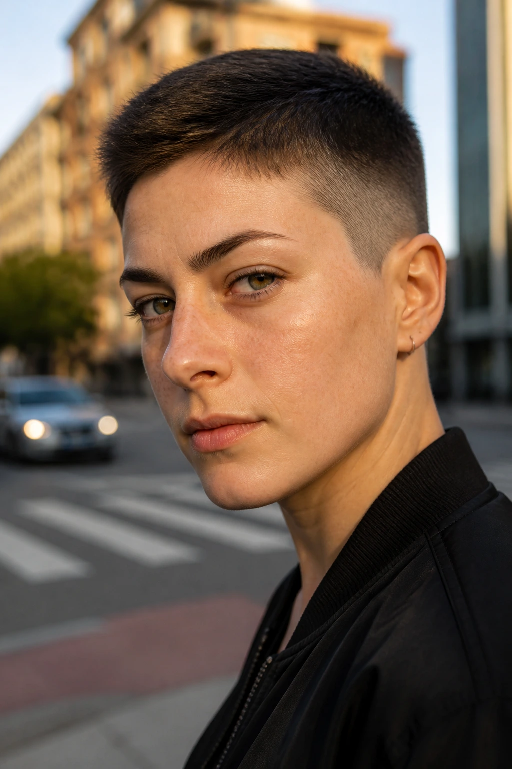 Close-up portrait of a person with a classic crew cut showing tapered sides and lifted crown