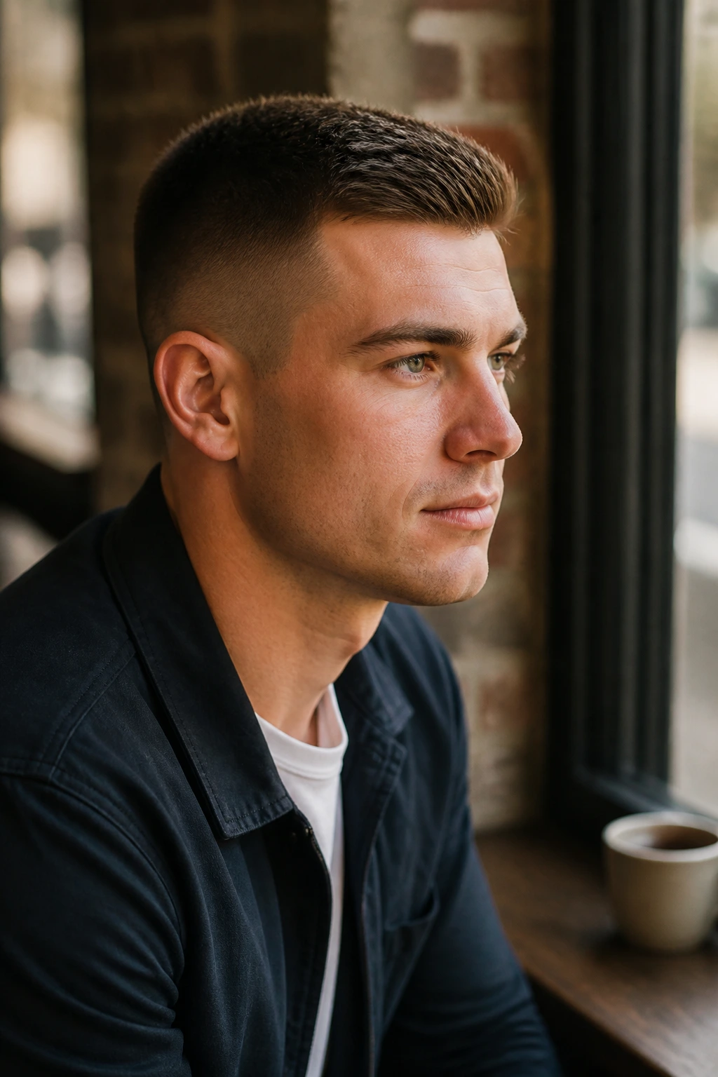 Portrait of a man with a classic crew cut in a coffee shop.