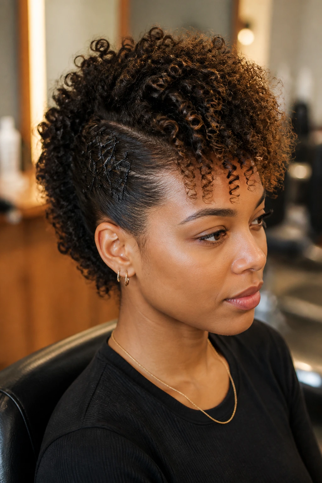 Close-up of a real person with a classic curly crown faux hawk and pinned sides in a salon
