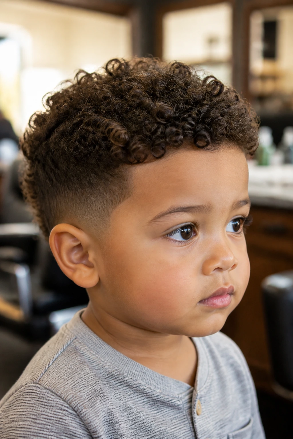Toddler with classic curly keep-shape haircut, portrait
