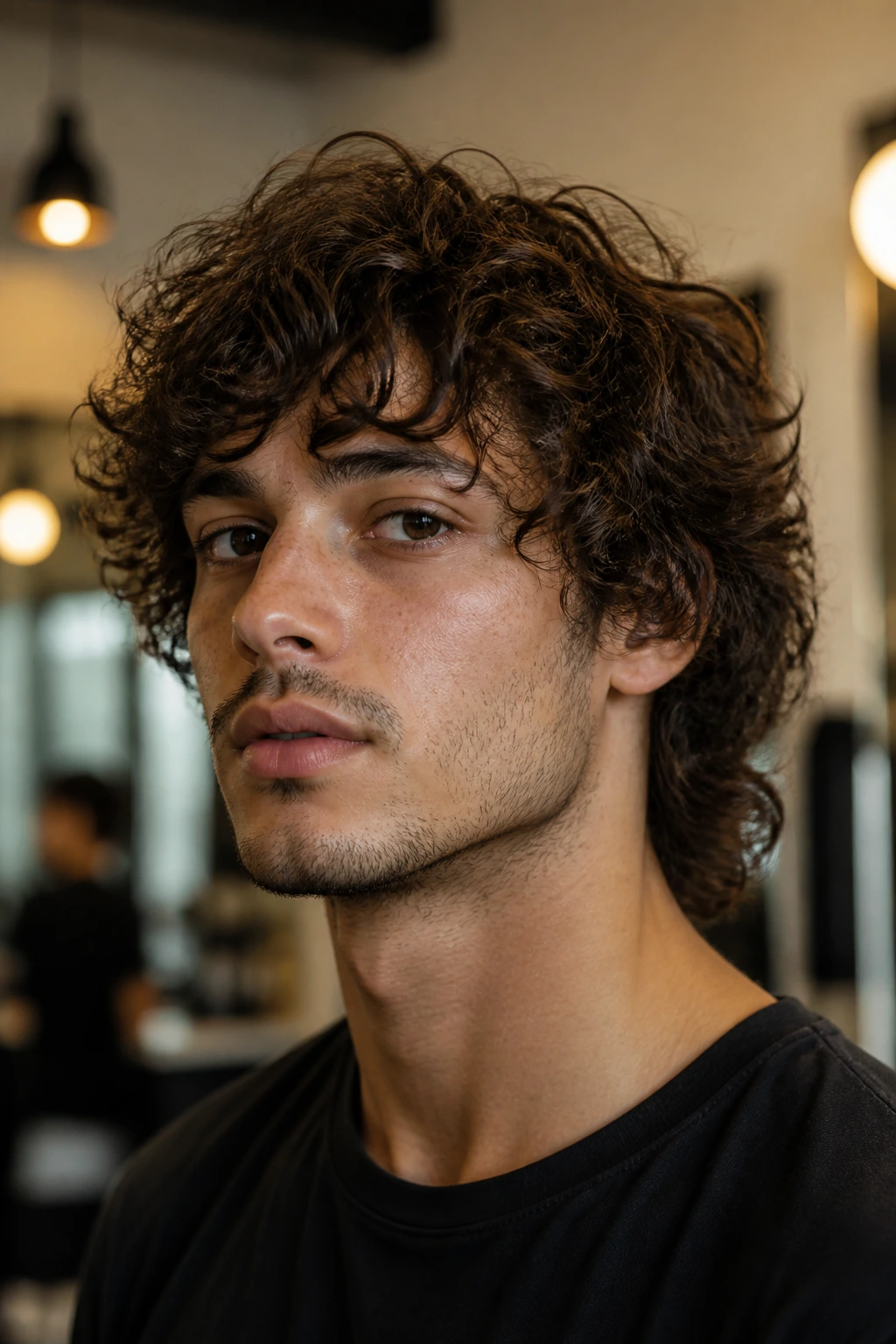 Close-up portrait of a man with a classic curly shag haircut.
