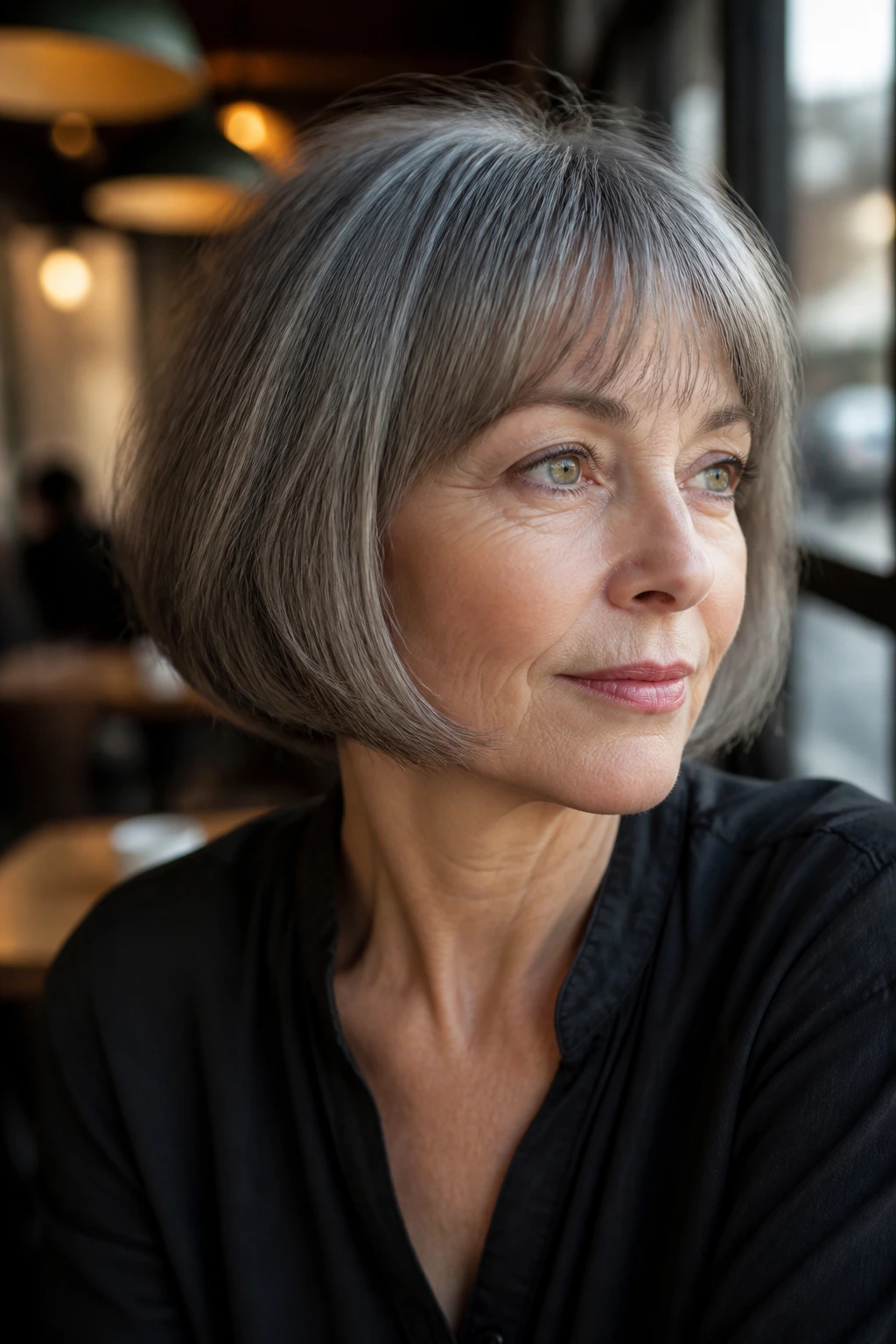 Close-up of a real woman with a classic French bob in a cafe light.