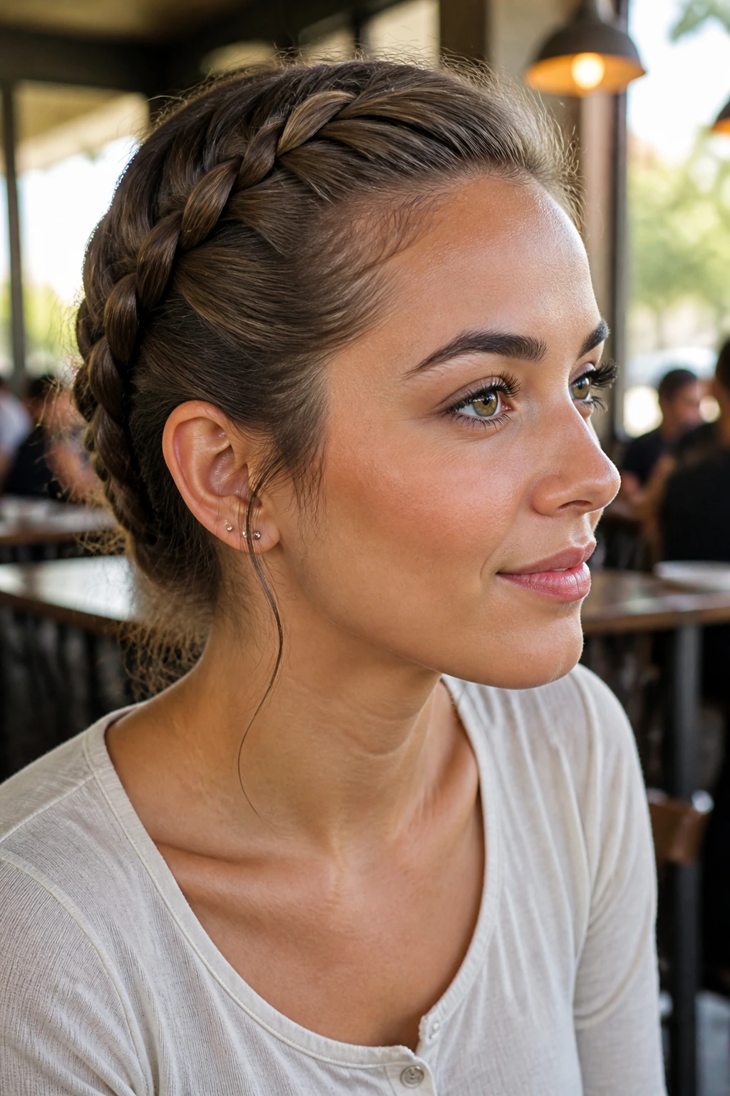 Portrait of a woman wearing a classic French braid