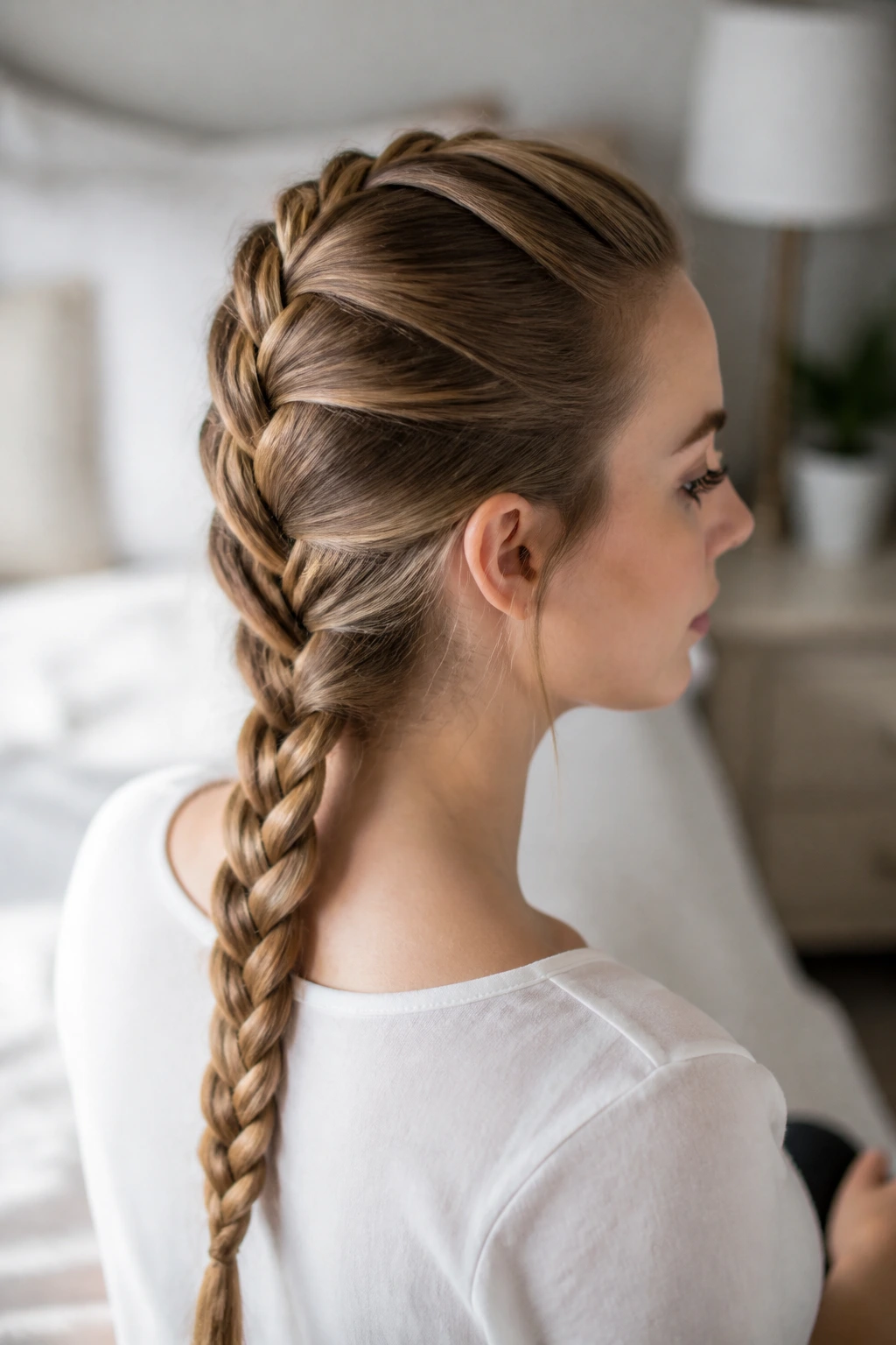 Portrait of a real woman with a classic French braid on straight hair