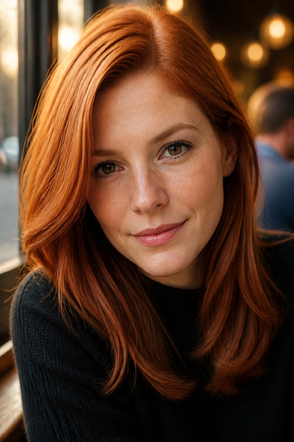 Close-up of a real woman with classic ginger hair and side part