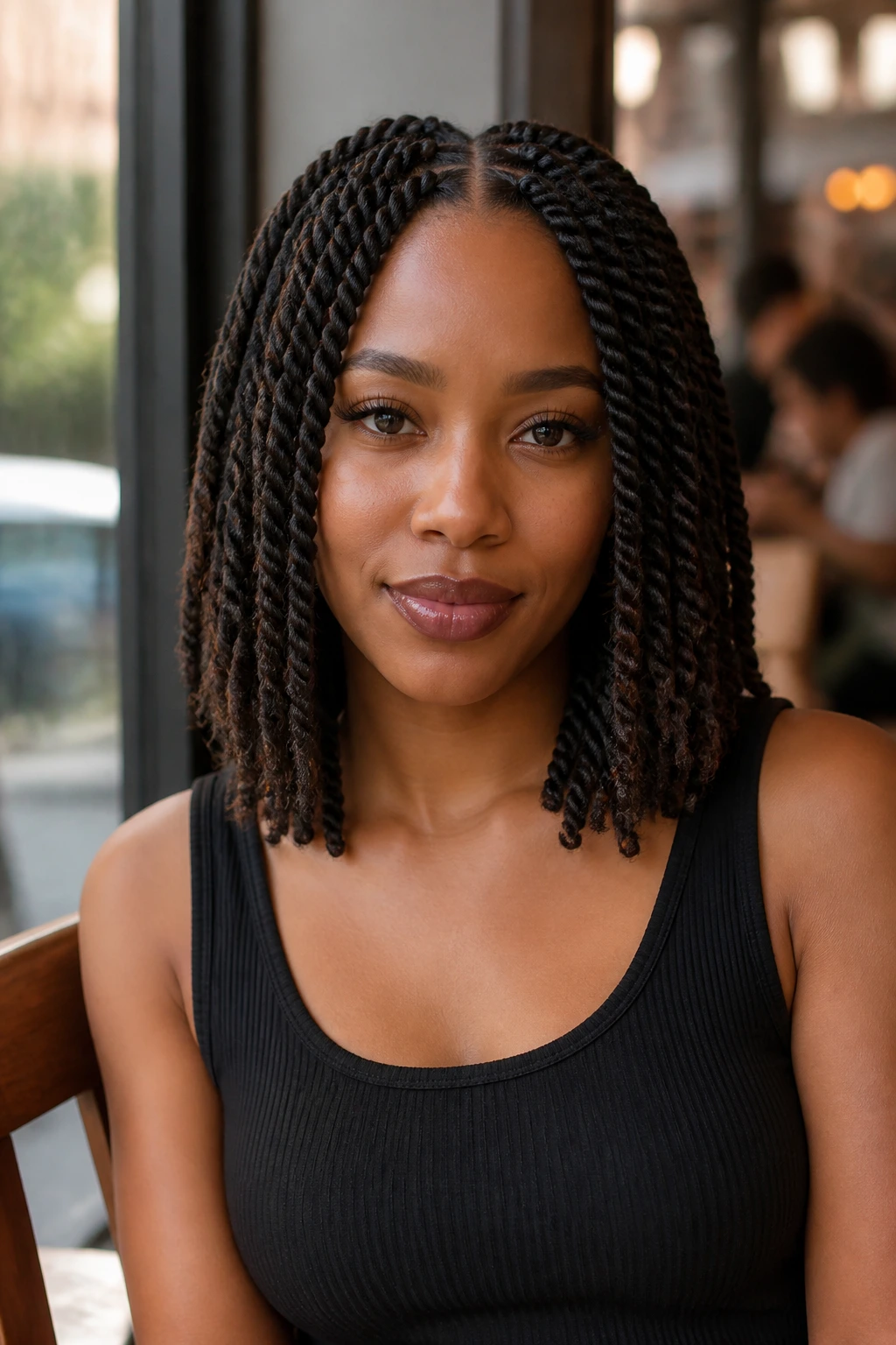 Portrait of a real woman with shoulder-length Havana twists.