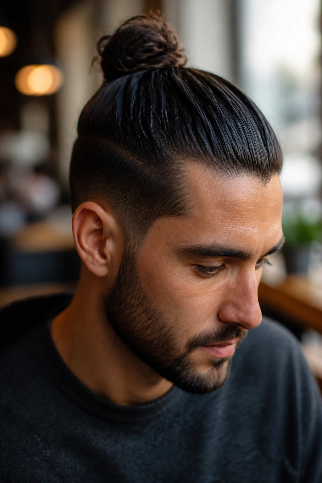 Portrait of a man with a classic high top knot at the crown