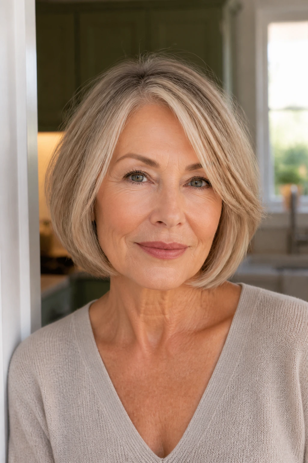 Close-up portrait of a real woman with a jaw-length layered bob under soft daylight