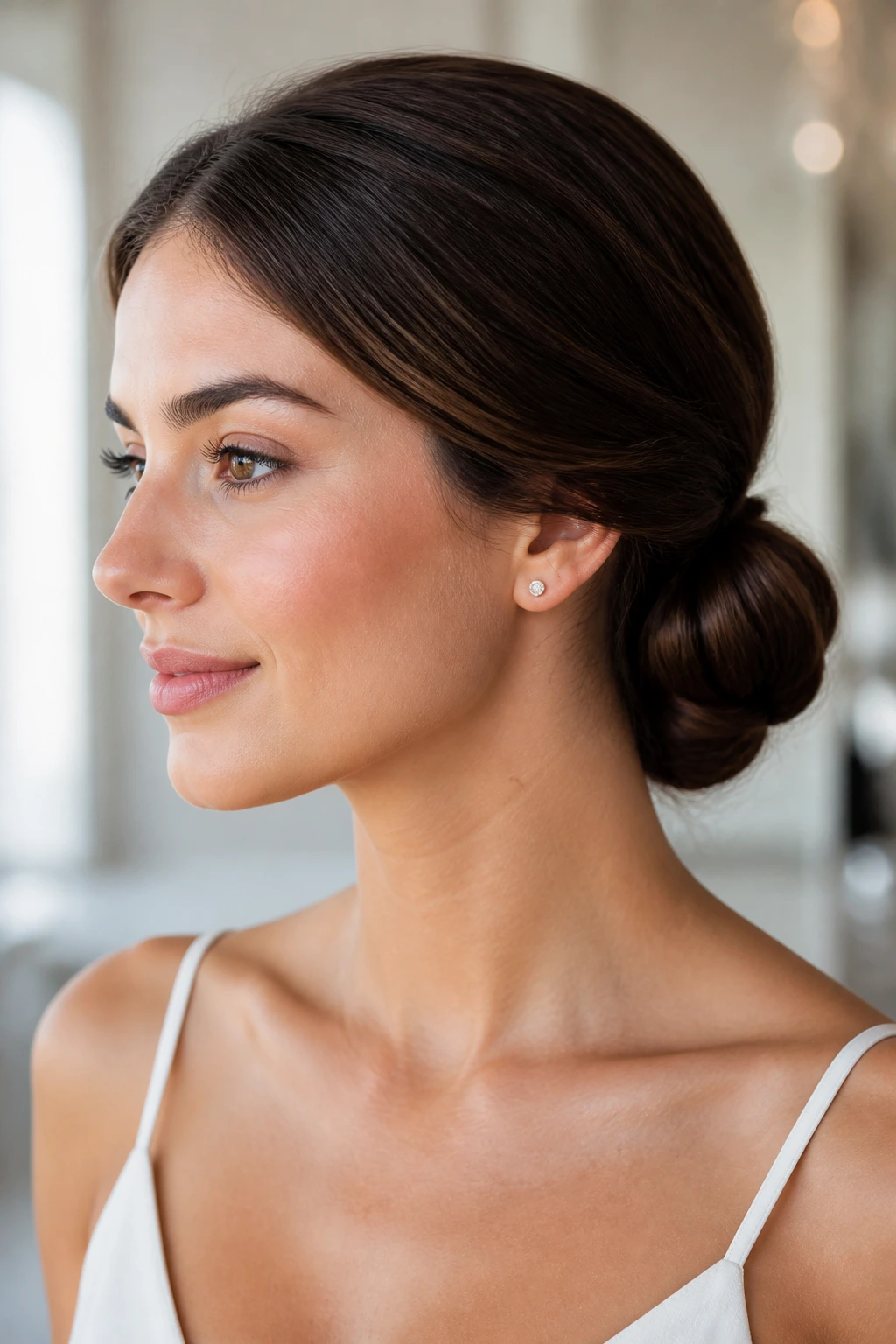 Close-up portrait of a real woman with a smooth low chignon at the nape