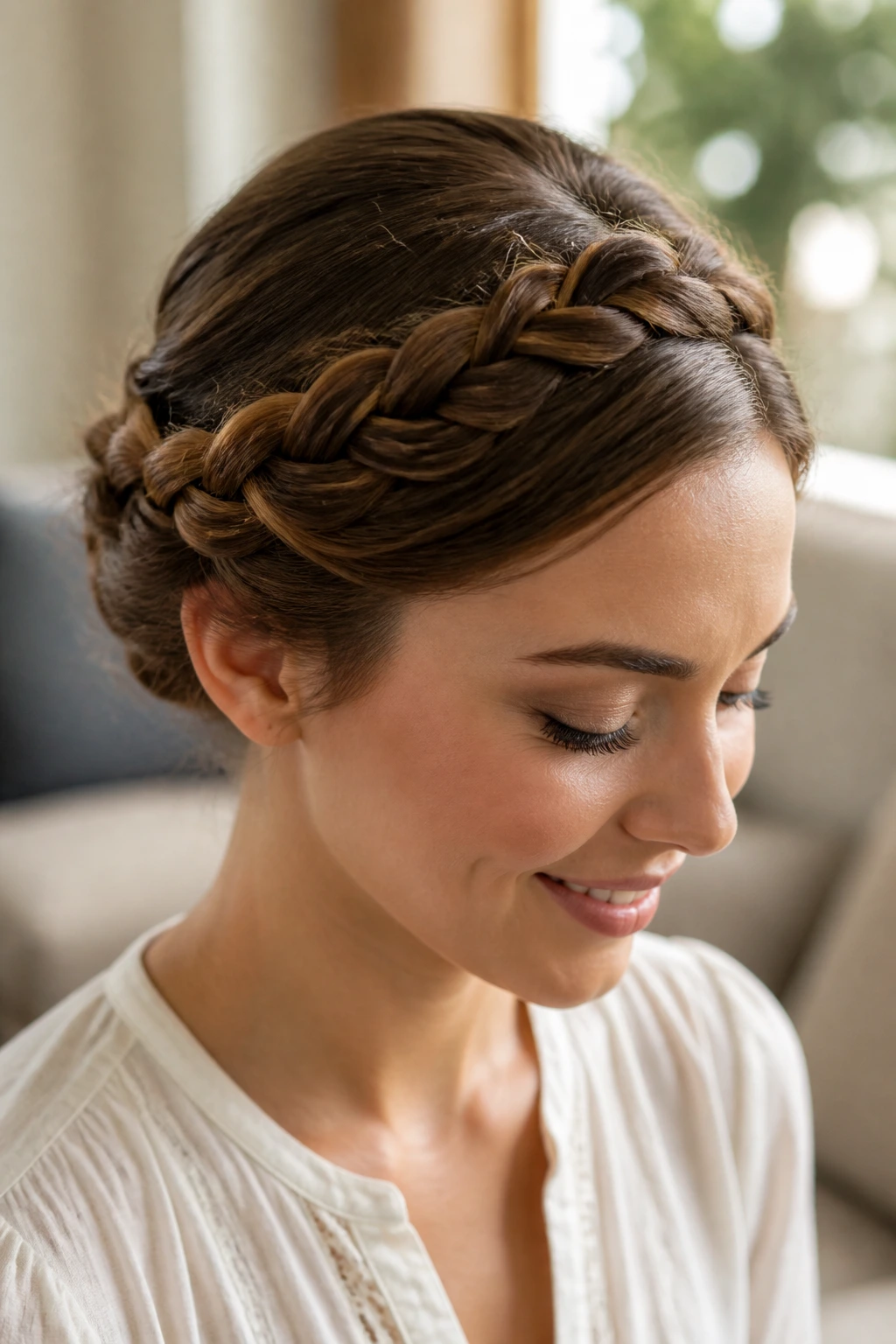 Close-up of a woman wearing a classic low crown halo braid above the ears