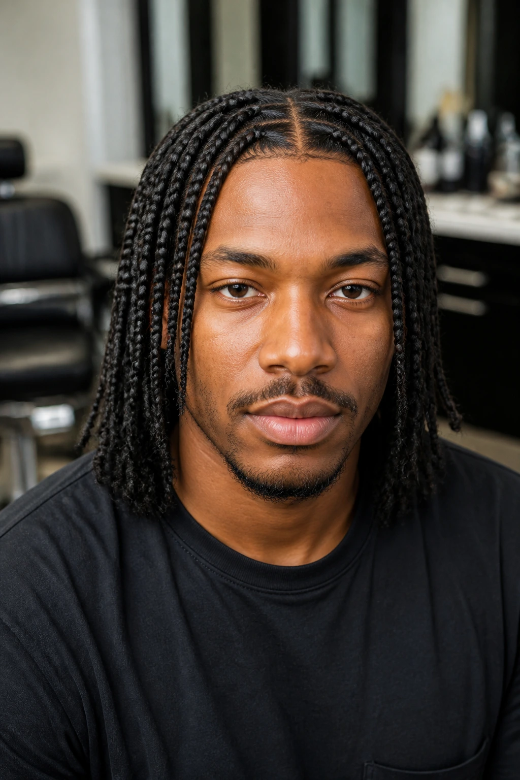 Portrait of a man with classic medium box braids reaching the shoulders.