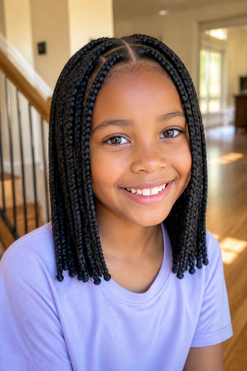 Child with shoulder-length box braids in natural light.