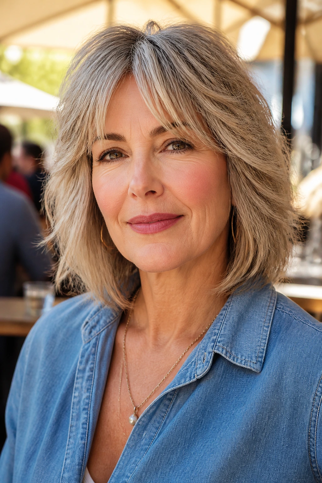 Close-up portrait of a real woman with a classic medium shag at an outdoor cafe