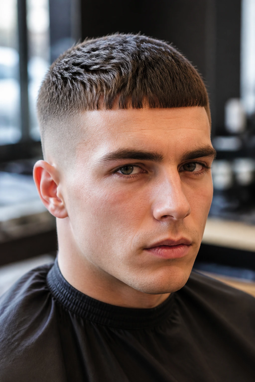 Close-up portrait of a person with a classic micro Chelsea cut showing tight sides and forward fringe.