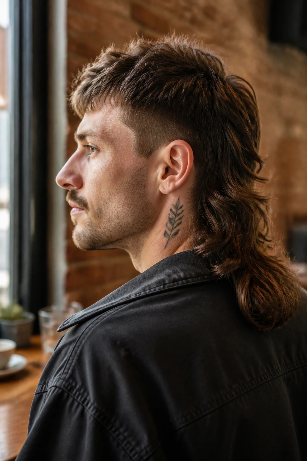 Portrait of a man with a classic mullet, short front and long back, in brick-walled interior