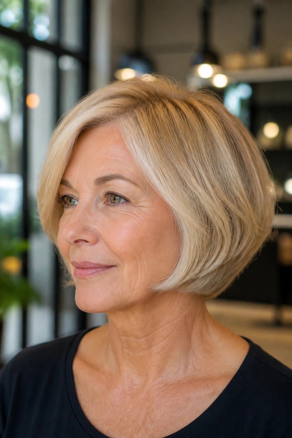 Portrait of a woman with a soft, modern pageboy hairstyle framed by warm salon lighting.