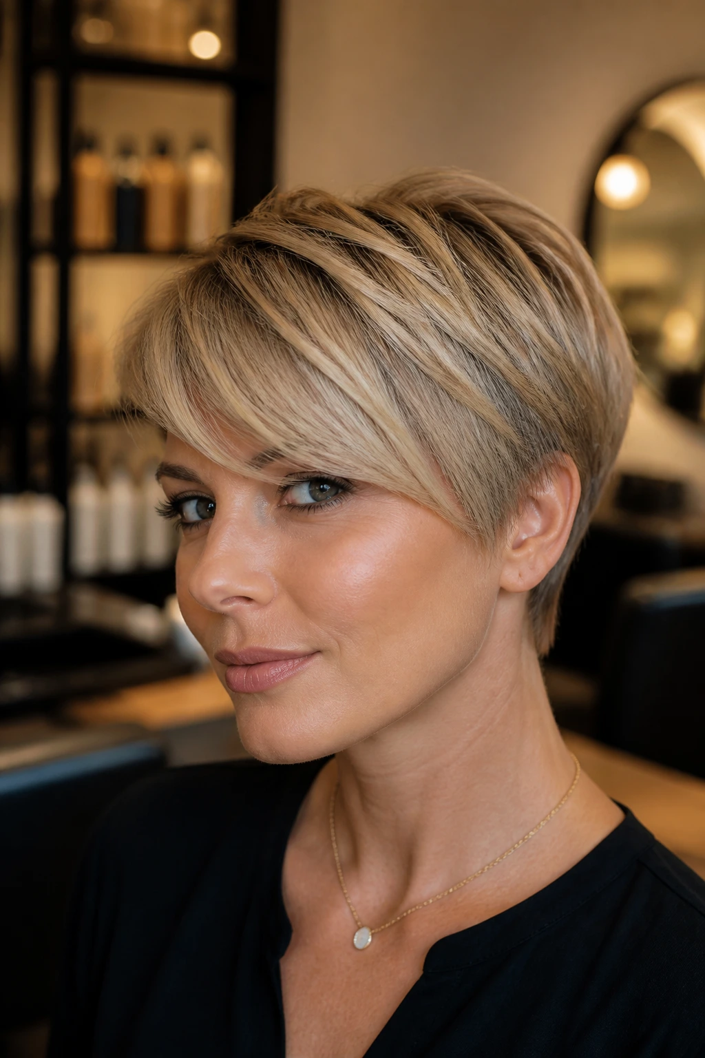 Real woman with classic tapered pixie and side-swept bangs in a warm salon setting