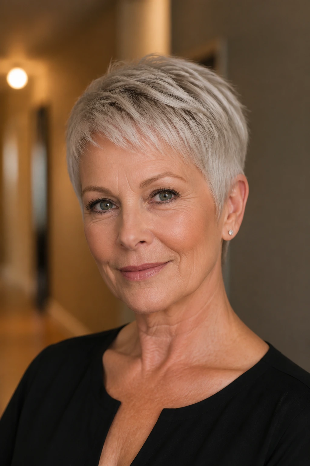 Real woman with classic short pixie and clean edges in warm indoor hallway