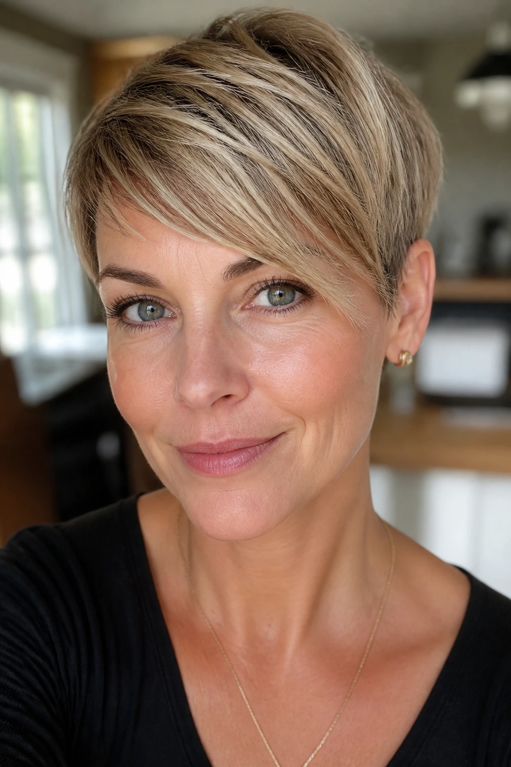 Close-up of a real person with a classic side-swept pixie and soft fringe