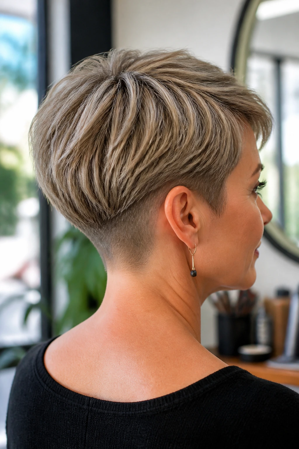 Portrait of a real person with a classic low nape undercut pixie