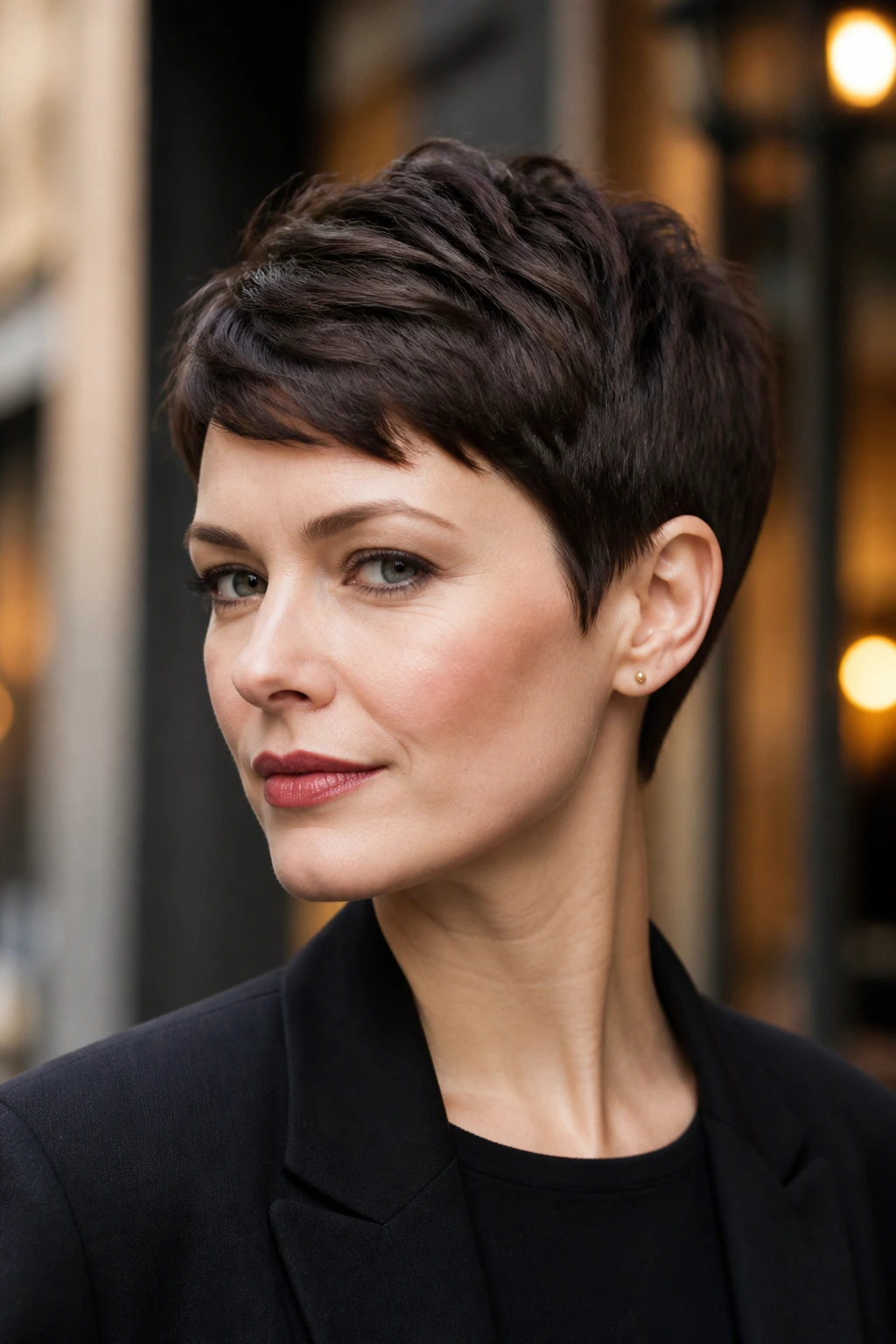 Close-up of a real woman with a classic polished pixie and clean lines in warm ambient light