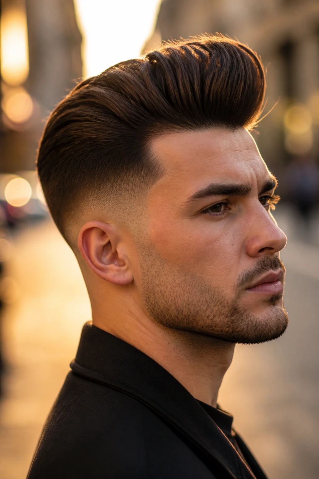 Close-up portrait of a man with a classic pompadour and low fade.