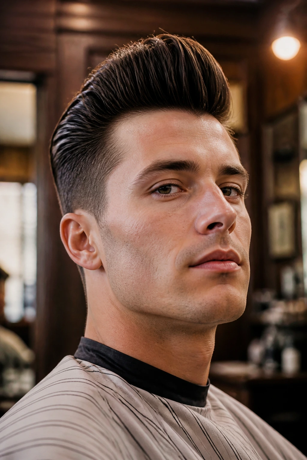 Portrait of a man with classic pompadour hairstyle in warm barber shop setting