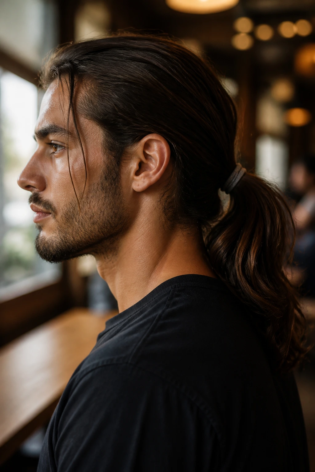 Close-up portrait of a real man with a classic ponytail at the back in a cafe setting.