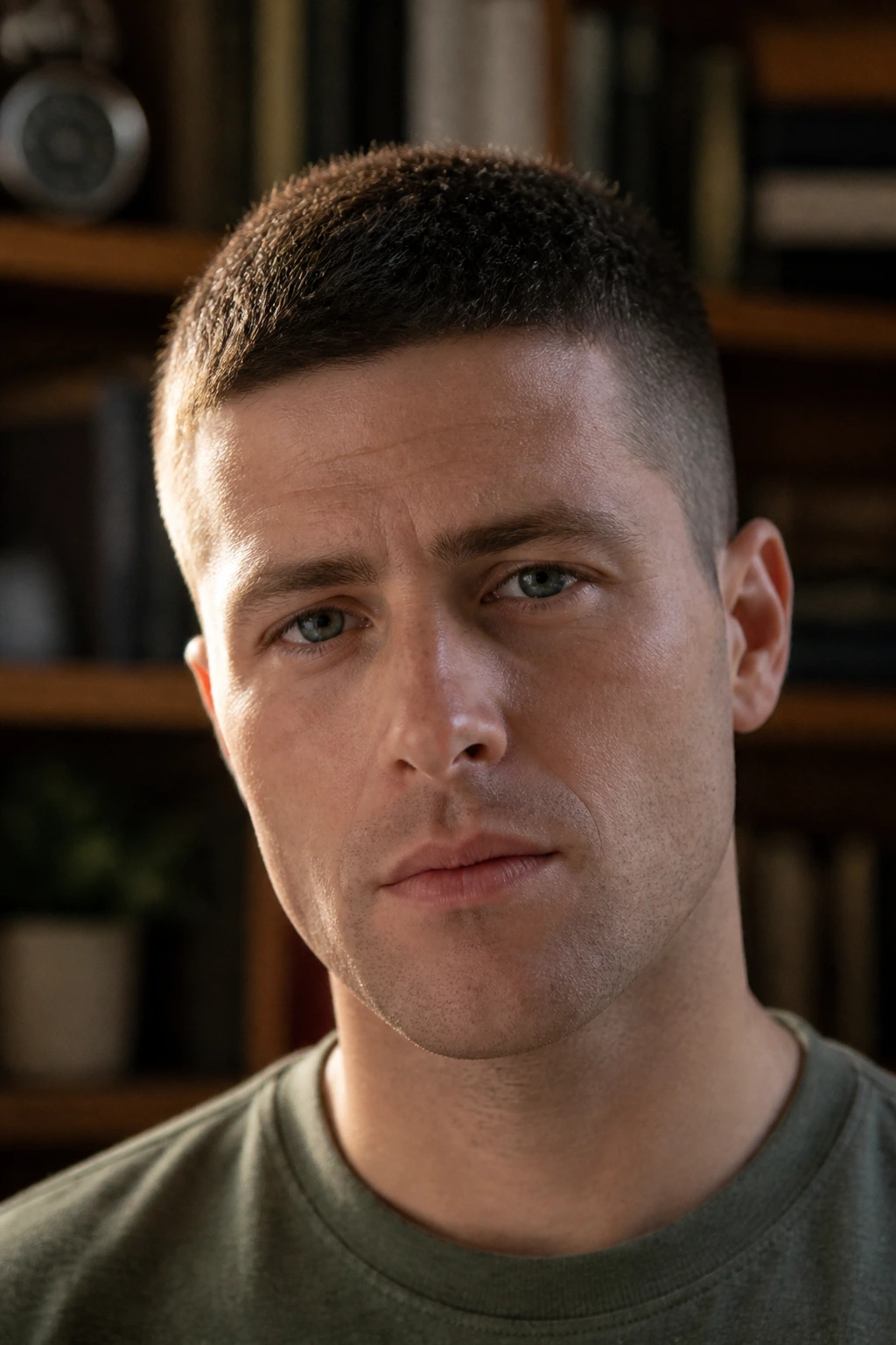 Close-up portrait of a man with classic regulation crew cut